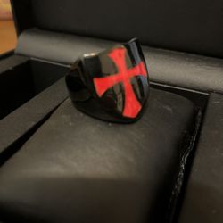 Polished Black Stainless Steel Red Cross Ring Size 10