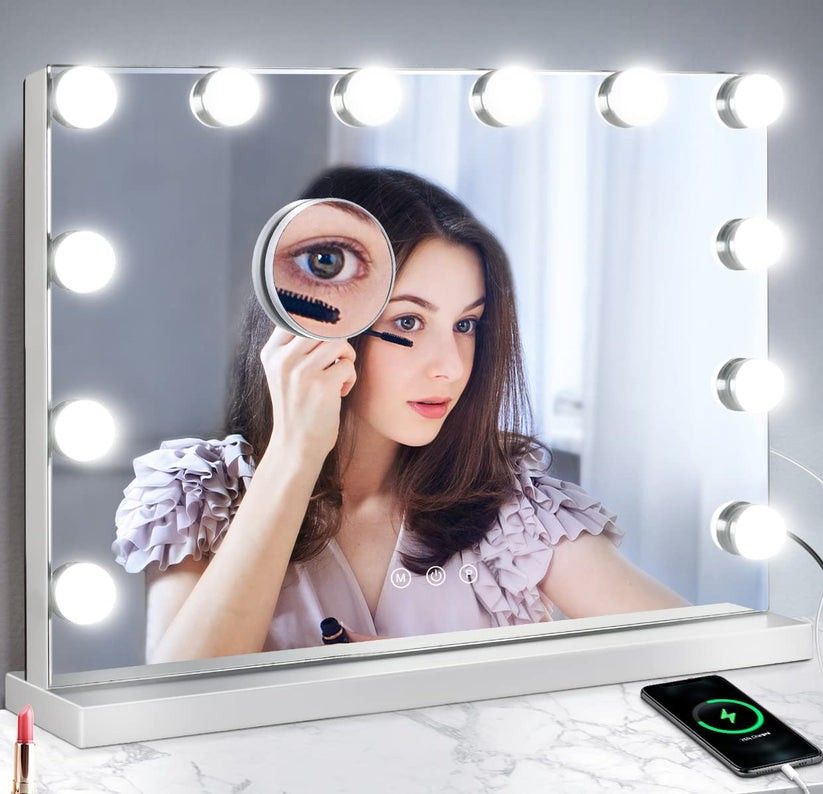 M MIVONDA Lighted Makeup Vanity Hollywood Mirror with 3 Color Lights Dimmable LED Bulbs with 10X Magnification, 2in1 Tabletop and Wall-Mounted Mirror