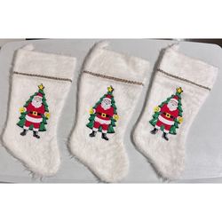 3 Vtg 1950s CHRISTMAS SANTA STOCKINGS White Fur w/Colorful 3-D LATEX Santa+Tree