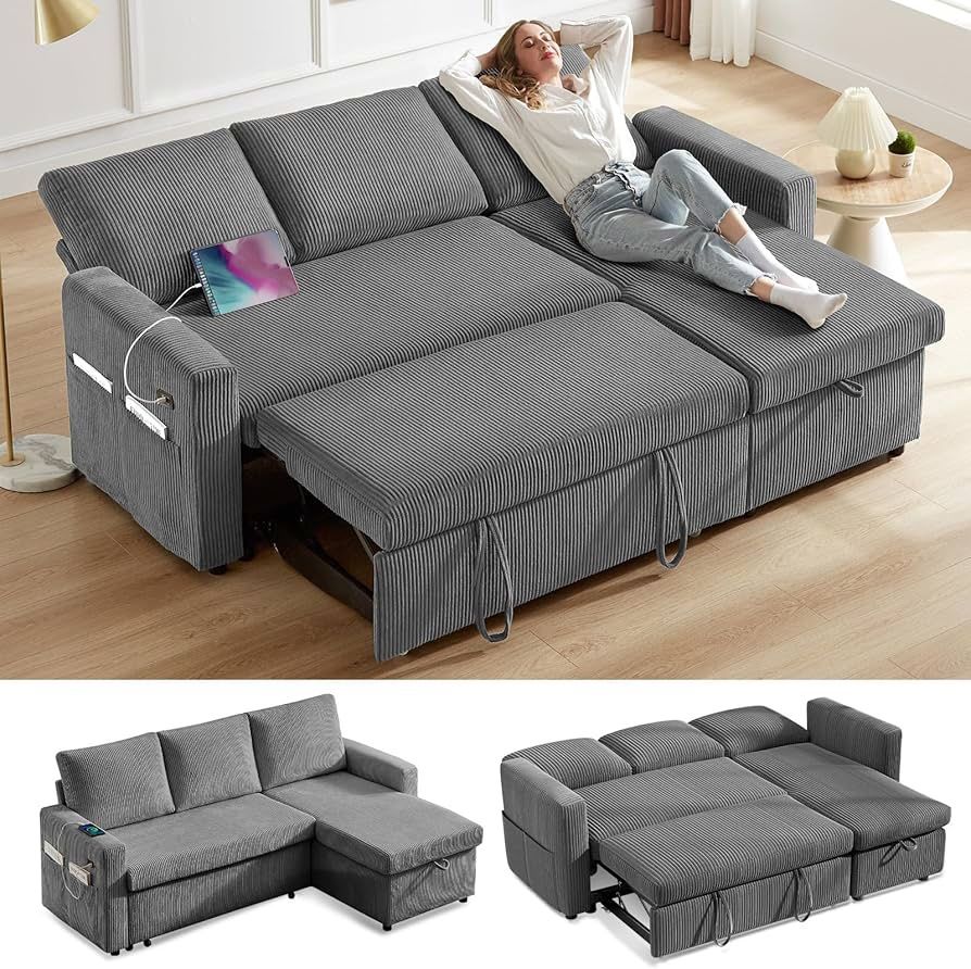 81" Sectional Sleeper Sofa Bed with Pull Out Bed, L Shaped Couch Pull Out Couch with Reclining Backrest, Reversible Storage Chaise, USB Ports, Tool-Fr