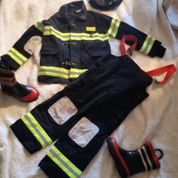 Boys Fireman Costume Sz 5-6 With Boots Sz 9-10 And Hat 
