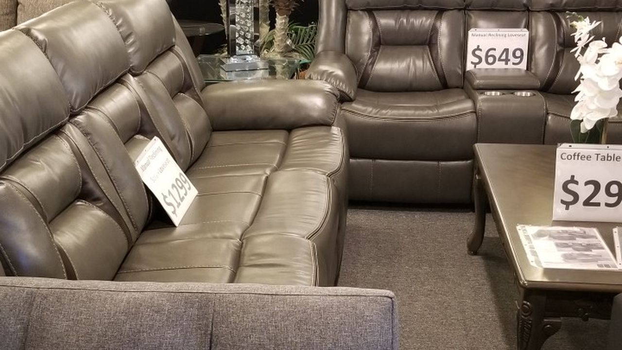 Brand New Gray Gel Leather Manual Reclining Sofa + Loveseat With Cup Holders