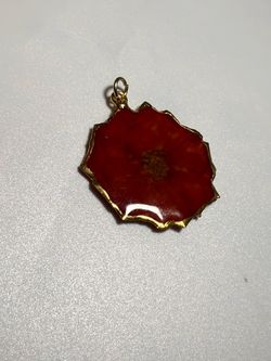Pressed Red Flower Resin Pendant Gold Tone