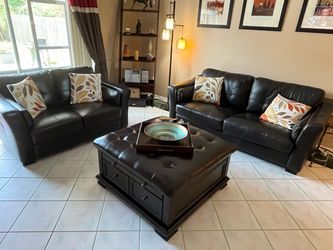 Sofa & Loveseat - Full Leather - with Storage Ottoman - Abbyson