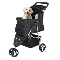Foldable Pet Stroller 3 Wheels for Cats and Dogs Carrier Strolling Cart with Storage Basket