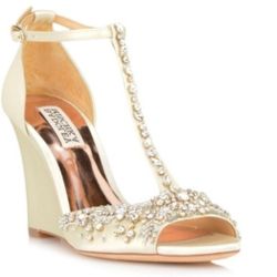 Badgley Mischka SARAH Embellished Wedge Ivory Evening Shoe, Size 7.5