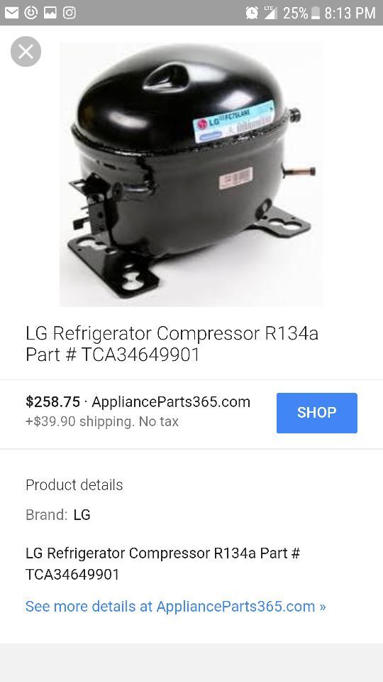 LG refrigerator compressor part# TCA34649901