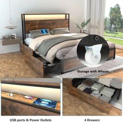 New Queen Bed Base with Charging Station and LED Lights, Metal Bed Frame with 4 Storage Drawers and Headboard, No Box Spring Needed, Easy Assembly, No