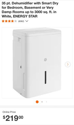 35 pt. Dehumidifier with Smart Dry for Bedroom, Basement or Very Damp Rooms up to 3000 sq. ft. in White, ENERGY STAR