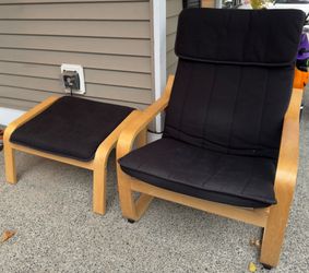 IKEA POÄNG Chair & Ottoman – Black Cushions
