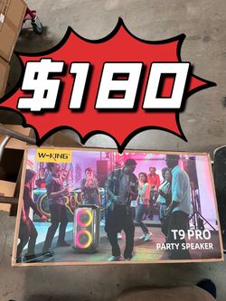 ❤️$180❤️ W-King T9 PRO 250W peak power, dual 6.5" woofers + 2.5" tweeters. 120dB bass, 12 EQ presets, one-click boost. Mic/guitar ports, removable bat