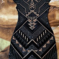 Sequin Bodycon Dress, Express, Black and Gold sequins atop Black Velvet. And Size S 