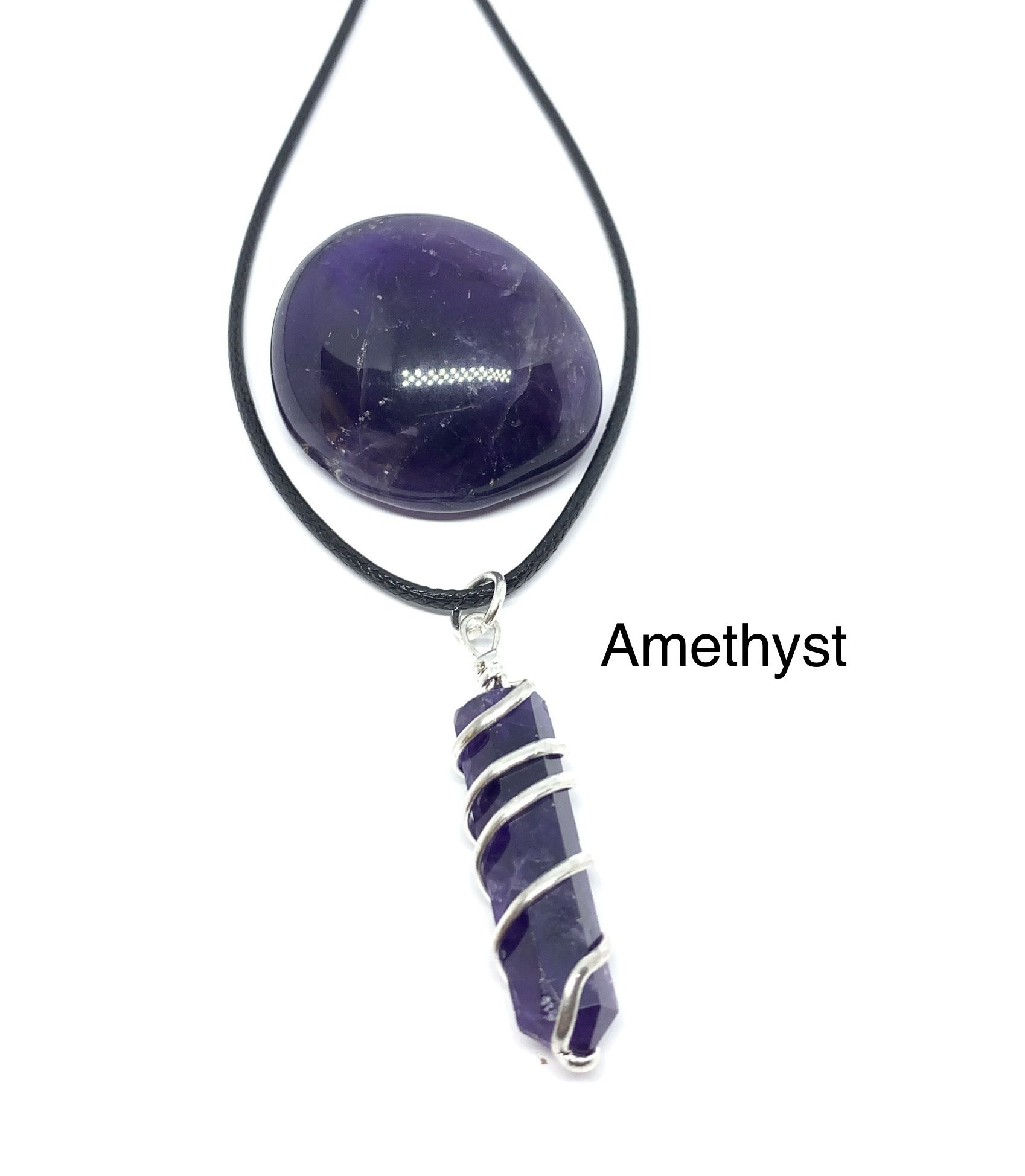 Amethyst Genuine Polished Stone & Wire Wrapped Pendant Necklace Set