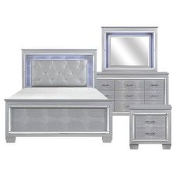 Brand new silver king bedframe + dresser + mirror + nightstand 4PCs bedroom set