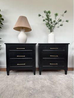 Refinished Nightstand Set (2) — Solid Wood, Matte Black w/ Brass Pulls | Bassett