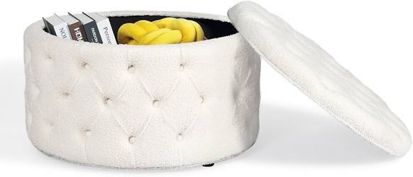 Homebeez 28 Inch Faux Fur Round Storage Ottoman, Button Tufted Footrest Stool Bench Coffee Table for Living Room,White
