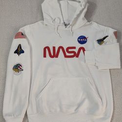 Bowery NASA White Sweatshirt Hoodie Mens Small Sleeve Graphics Space Astronaut 