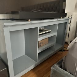 Painted Gray/Blue TV Stand Console – Open Shelves, Custom Look