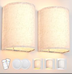 Wall Sconces Set of Two, Battery Operated Wall Sconces 3 Colors Changeable Dimmable Wall Lights Fixtures with Remote Control Fabric Wall Lamp Sconces