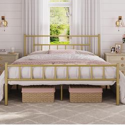 13 inch Queen Size Metal Bed Frame with Headboard and Footboard Platform Bed Frame with Storage No Box Spring Needed Mattress Foundation Antique Gold