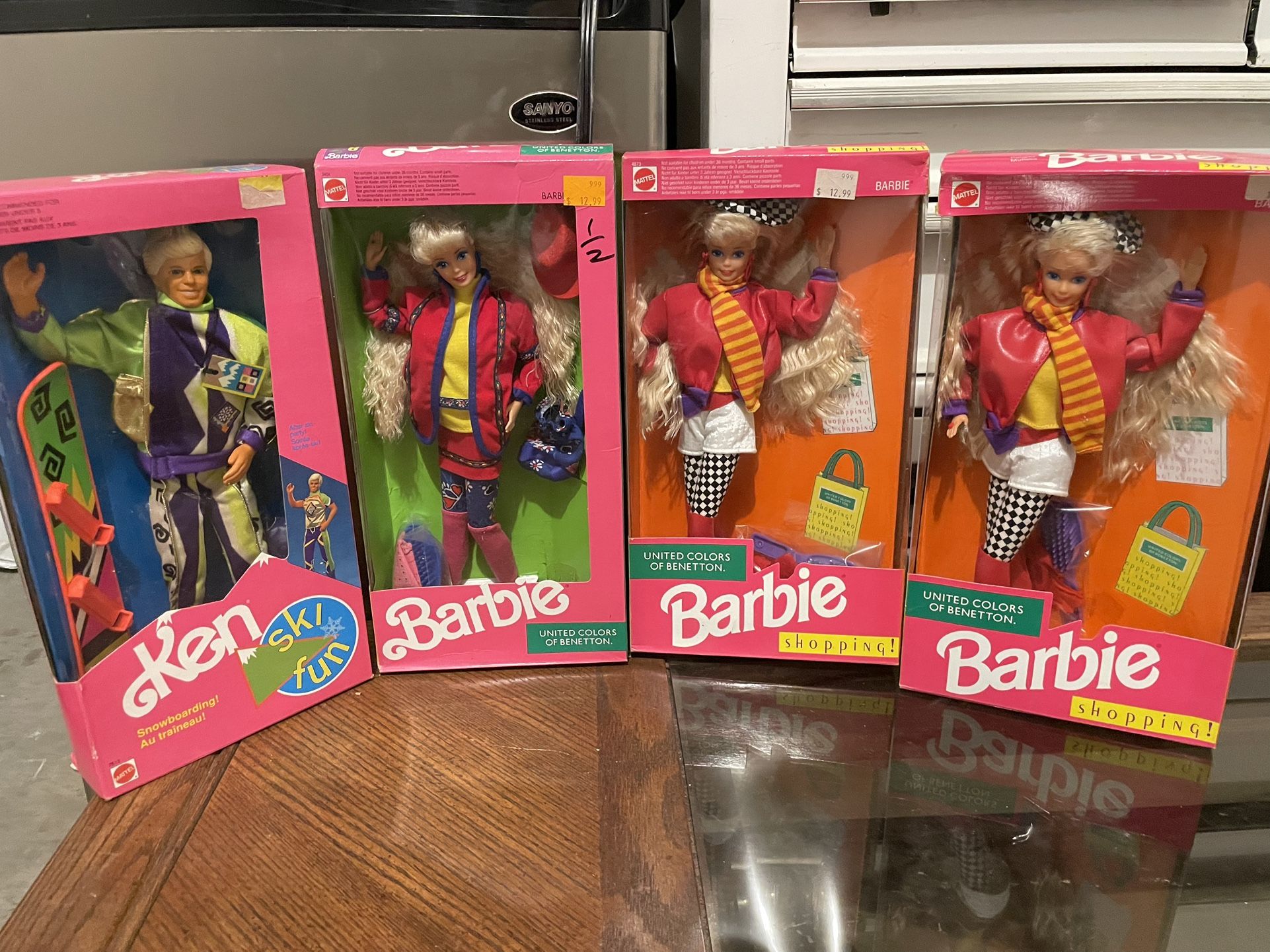 3 1990 United Colors Barbie Dolls & 1991 Ski Fun Ken Doll