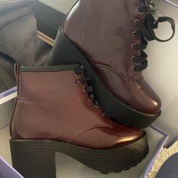 Burgundy Dr Marten Style Wedge Combat Boots Size 8.5