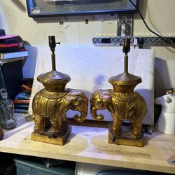 Vintage Gold Elephant Table Lamps Pair – 22” Tall – Ornate Decor