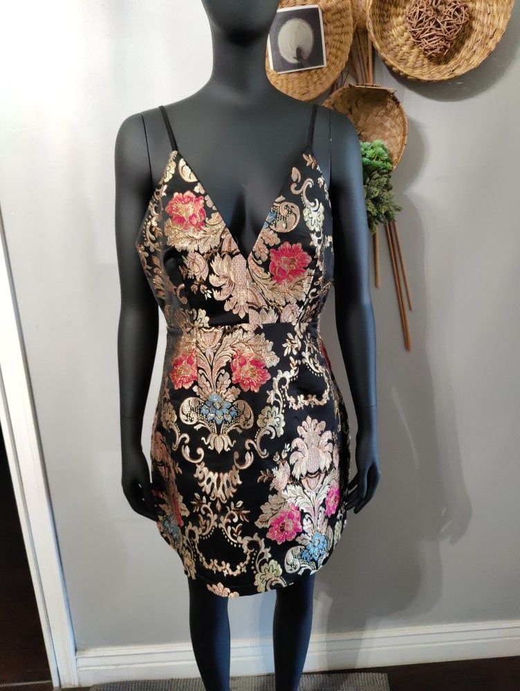 Akira Gold Foil Floral Evening Short Dress