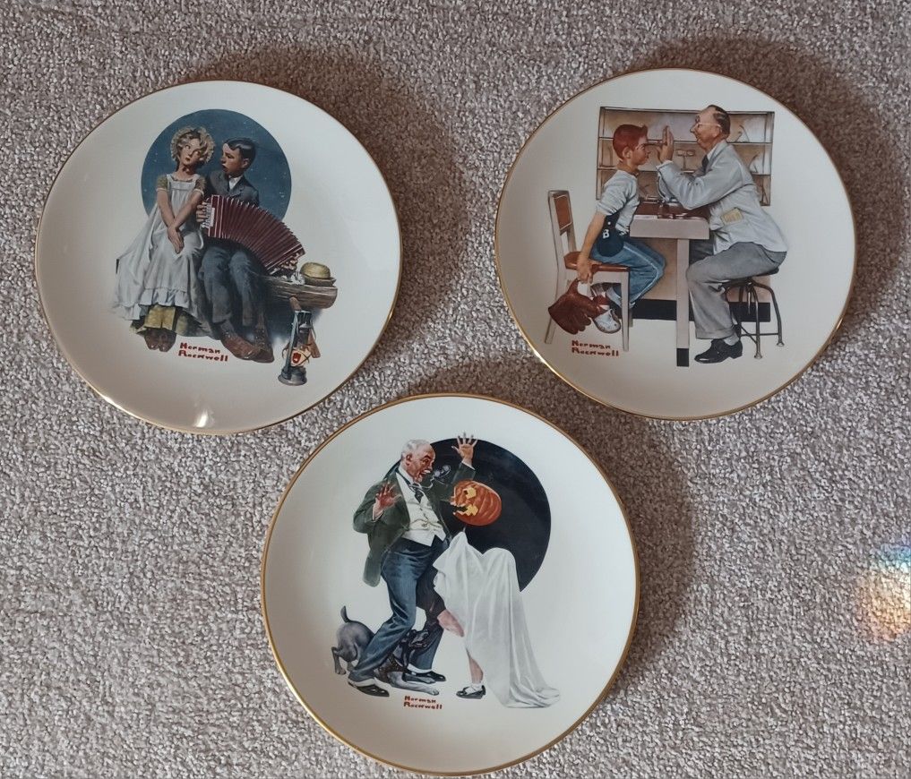 Norman Rockwell Saturday Evening Post Classics 8.5 in collectible dishes includes TRICK-OR-TREAT, THE ACCORDIONIST, and NEW GLASSES 1981,all 3 For $33