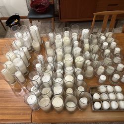 Lot of Glass Cylinder Hurricane Holders With Candles