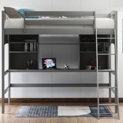 High Loft Bed With Bookcase With Dresser 