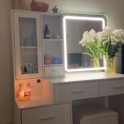 White vanity with LED mirror light, LED storage door, hooks, storage shelfs, with chair