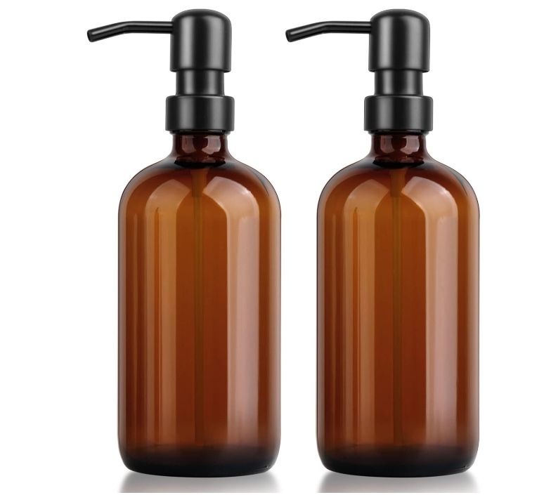 New Soap Dispenser, 2 Pack Amber Glass Soap Dispenser with Pump Rustproof