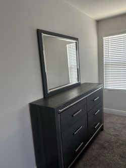 Two Modern Dark Grey Bedroom Set - Dresser w/ Mirror & Bed