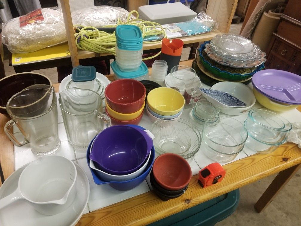 Lots Of Pyrex Bowl, Fine Glass Platrrs, Deviled Egg Platters, and Fiesta Colored Bowls, Etc.