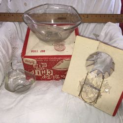 Vintage Indiana Glass Co 3 Piece Modern TriTop Glass Chip and Dip Set w Org Box