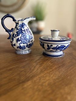 Vintage The Bombay Company Blue and White Ceramic Pitcher/ Creamer and Covered Sugar Bowl