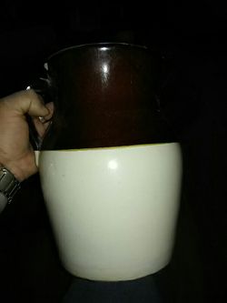 Vintage 9.75" Tall Large Brown and Tan Gallon USA Stoneware Crock Milk Water Pitcher Jug Vase Farmhouse Decor