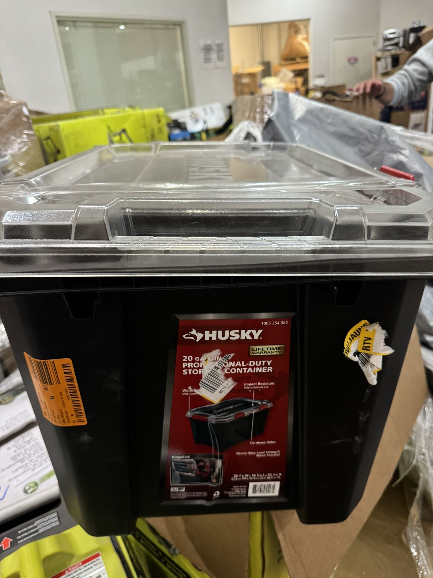 Husky 20-Gal. Professional Heavy Duty Waterproof Stackable Plastic Storage Container with Hinged Lid in Red