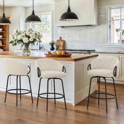 Set of 3 Fabric Counter Height Bar Stools, 26" Swivel Upholstered Barstools, Bar Chairs for Kitchen Island, Light Linen