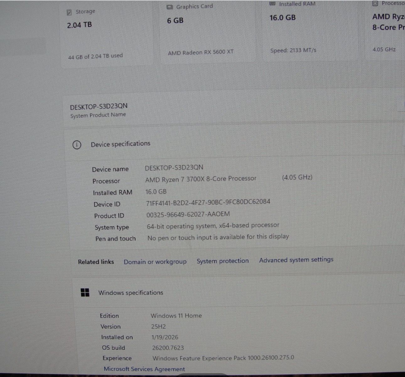 Gaming Desktop AMD Ryzen 7 3700X, raedon 5600 xt 256GB M2 2TB, 16GB