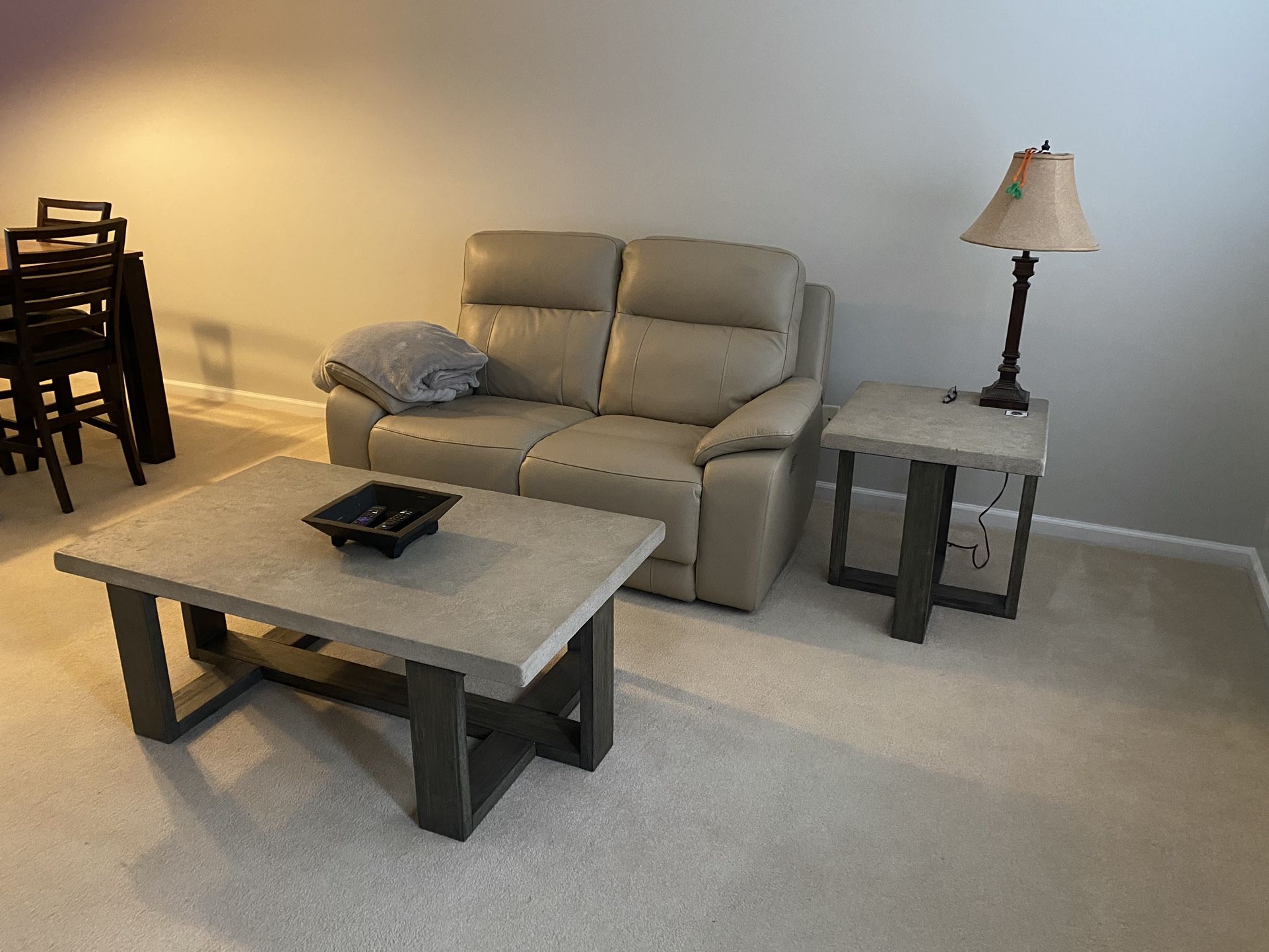 Leather Loveseat With Two Remote Recliners, And Charging Ports, End Table And Coffee Table Chargers 