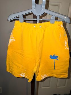 palm angels pxp paint splatter shorts yellow w/ blue palm tree
