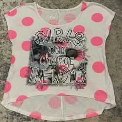 Justice Girls Size 14 White Pink Polka Dot Cap Sleeve Graphic Tee Sequins Hi Low