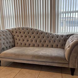 Grey tufted Chesterfield curved sofa out of box- Barely used Retail price $1599 6ft long including curved arms