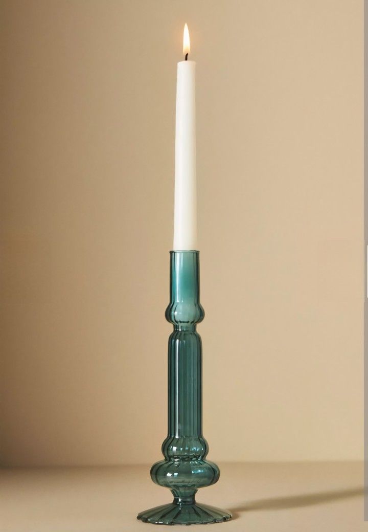 Anthropologie Green Fluted Borosilicate Glass Tapered Candle Holder or Bud Vase