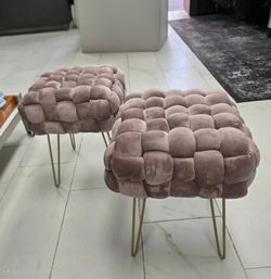 Set of 2 Woven Velvet Ottomans with Gold Hairpin Legs