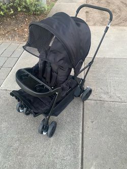 upright double lightweight travel stroller, with standing platform，Canopy，Tray Table