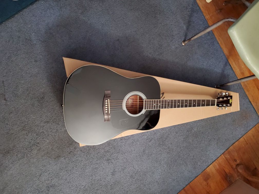 New Black Rogue Concert Acoustic Dreadnought Guitar, Free Strap and Lessons