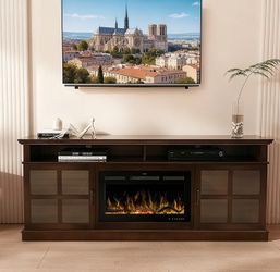 NEW OFFER🖤Fully Assembled 72" Ash Wood Veneer Fireplace TV Stand